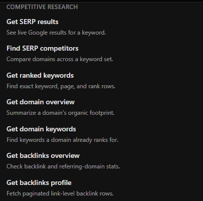 The AkaiSEO competitive research tool group, listing Get SERP results, Find SERP competitors, Get ranked keywords, Get domain overview, Get domain keywords, Get backlinks overview, and Get backlinks profile